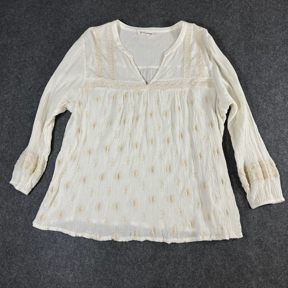 Lucky Brand White Crinkle Gauze Embroidered Boho Peasant Blouse XXL